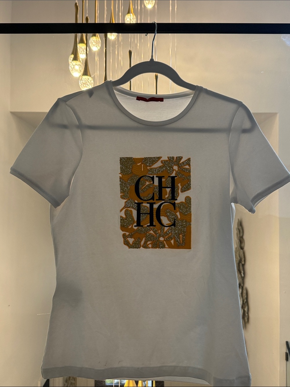 Carolina Herrera White Short Sleeve Tee with Gold and Black Graphic Panel